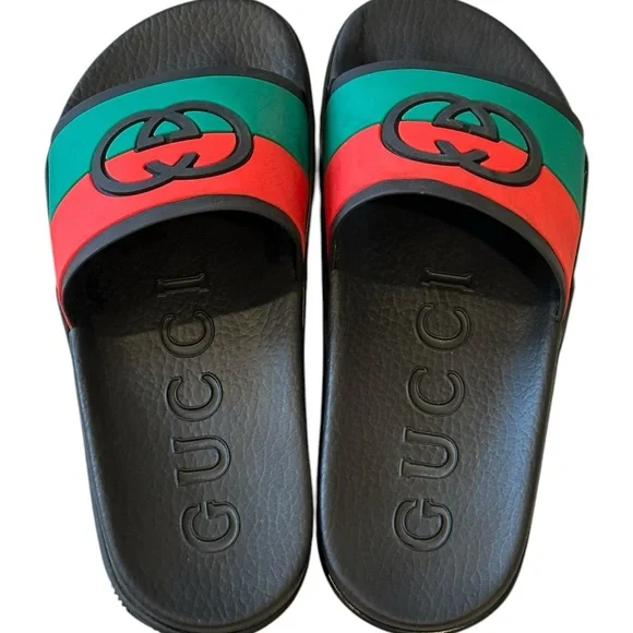 Gucci Signature Classic Stripe Rubber GG Logo Interlock Slides Sandals NWT 40